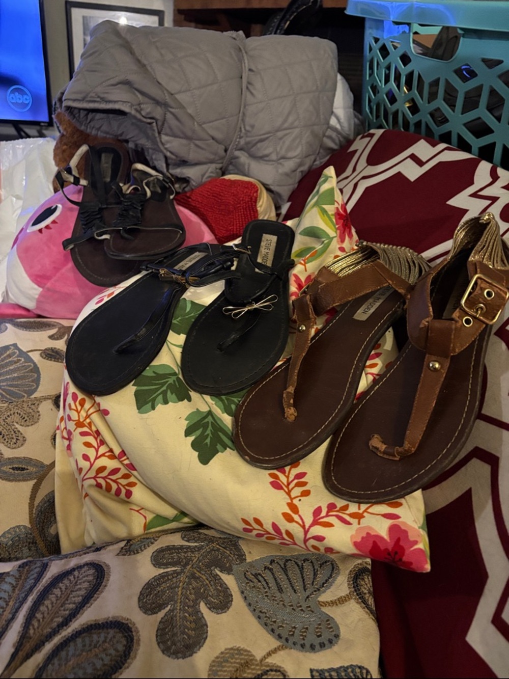 Steve Madden Black and Brown Leather T-Strap Sandals - Bundle of three pairs